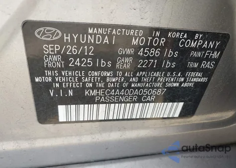 2013 Hyundai Sonata Hybrid Limited z USA, uszkodzony, nr VIN KMHEC4A40DA050687